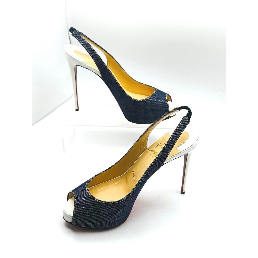 Christian Louboutin Denim Jazz Leather Peep Toe Slingback Pumps EU 35.5